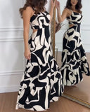 Abstract Print Spaghetti Strap Maxi Dress Casual Hollow Out Ruffles Hem Dress