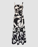 Abstract Print Spaghetti Strap Maxi Dress Casual Hollow Out Ruffles Hem Dress