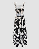 Abstract Print Spaghetti Strap Maxi Dress Casual Hollow Out Ruffles Hem Dress