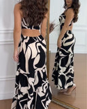 Abstract Print Spaghetti Strap Maxi Dress Casual Hollow Out Ruffles Hem Dress