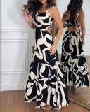 Abstract Print Spaghetti Strap Maxi Dress Casual Hollow Out Ruffles Hem Dress