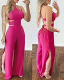 Criss Cross Backless Split Hem Halter Jumpsuit