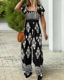 Floral Print Ruffles Strap Shirred Jumpsuit Casual Pocket Design Boho Romper