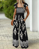 Floral Print Ruffles Strap Shirred Jumpsuit Casual Pocket Design Boho Romper