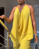 2 Pieces Outfit Plain Textured Cowl Neck Cold Shoulder Sleeveless Ruched Top and Casual Wide Leg Pants Set
