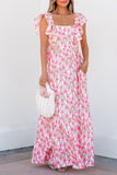 Pink Floral Print Square Neck Ruffled Strap Maxi Dress