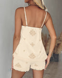 2 Piece Geometric Embroidery Spaghetti Strap Tassel Design Square Neck Top Casual Shorts Set