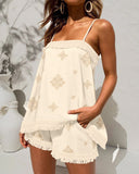 2 Piece Geometric Embroidery Spaghetti Strap Tassel Design Square Neck Top Casual Shorts Set