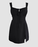 Leopard Square Neck Spaghetti Strap Romper Asymmetrical Lace up Slit Romper