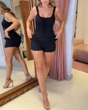 Leopard Square Neck Spaghetti Strap Romper Asymmetrical Lace up Slit Romper