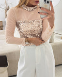 Contrast Sequin Long Sleeve Sheer Mesh Shirt Casual High Neck See Through Top