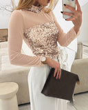 Contrast Sequin Long Sleeve Sheer Mesh Shirt Casual High Neck See Through Top