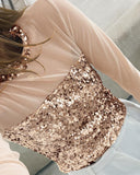 Contrast Sequin Long Sleeve Sheer Mesh Shirt Casual High Neck See Through Top
