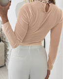Contrast Sequin Long Sleeve Sheer Mesh Shirt Casual High Neck See Through Top