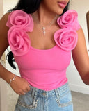 Rose Detail Asymmetrical Neck Tank Top