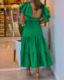 V Neck Ruffles Flutter Sleeve Casual Dress Backless Ruched Maxi Dress