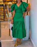 V Neck Ruffles Flutter Sleeve Casual Dress Backless Ruched Maxi Dress