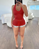 Halter Ruched Top & Lace Trim Drawstring Shorts Set