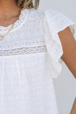 White Lace Neckline Flutter Sleeve Eyelets Blouse