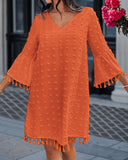 Large Swiss Dot  V Neck Bell Sleeve Mini Dress Casual Loose Fit Dress