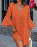 Large Swiss Dot  V Neck Bell Sleeve Mini Dress Casual Loose Fit Dress
