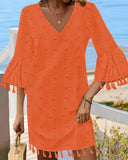 Large Swiss Dot  V Neck Bell Sleeve Mini Dress Casual Loose Fit Dress