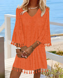 Large Swiss Dot  V Neck Bell Sleeve Mini Dress Casual Loose Fit Dress