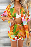 Red Vacation Printed Loose Shirt and Drawstring Shorts Set