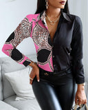 Cheetah Chain Print Retro Patterns Patchwork Button up Top