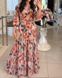Plants Print V Neck Puff Sleeve Maxi Dress
