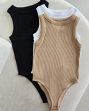 Round Neck Sleeveless Ribbed Bodysuit Casual Slim Fit Tank Top