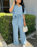 V Neck Short Sleeve Ruched Top and Wide Leg Drawstring Pants Sets