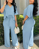 V Neck Short Sleeve Ruched Top and Wide Leg Drawstring Pants Sets