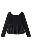 Black Ribbed Knit Long Sleeve Scoop Neck Peplum Patchwork Top