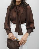 Tie Neck Lantern Sleeve Casual Blouses