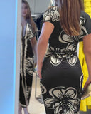 Floral Print V Neck Short Sleeve Ruched Dress Casual Waist Slit Midi Dress