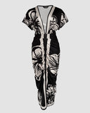 Floral Print V Neck Short Sleeve Ruched Dress Casual Waist Slit Midi Dress