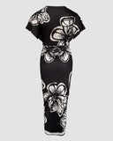 Floral Print V Neck Short Sleeve Ruched Dress Casual Waist Slit Midi Dress