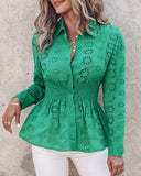 Eyelet Embroidery Shirred Long Sleeve Top