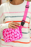 Rose Red Flower Print Wide Belt Buckle Zipper Crossbody Bag