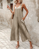 Buttoned Wide Leg Suspender Jumpsuit