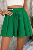 Dark Green Textured Frilled Lace-up High Waist Ruffle Wide Leg Shorts