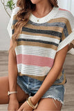 Pink Stripe Color Block Eyelet Knit Short Sleeve Sweater Tee