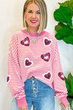 Pink Stripe Sequin Heart Patched Pattern Long Sleeve Valentines Top