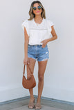 White Lace Neckline Flutter Sleeve Eyelets Blouse