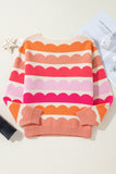 Rose Red Wave Striped Balloon Sleeve Drop Shoulder Sweater