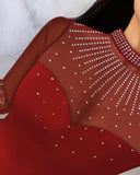 Rhinestone Decor Sheer Mesh Patch Bodysuit