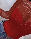 Rhinestone Decor Sheer Mesh Patch Bodysuit