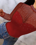 Rhinestone Decor Sheer Mesh Patch Bodysuit