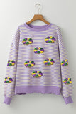 Purple Stripe Sequin Doughnut Graphic Long Sleeve Mardi Gras Top